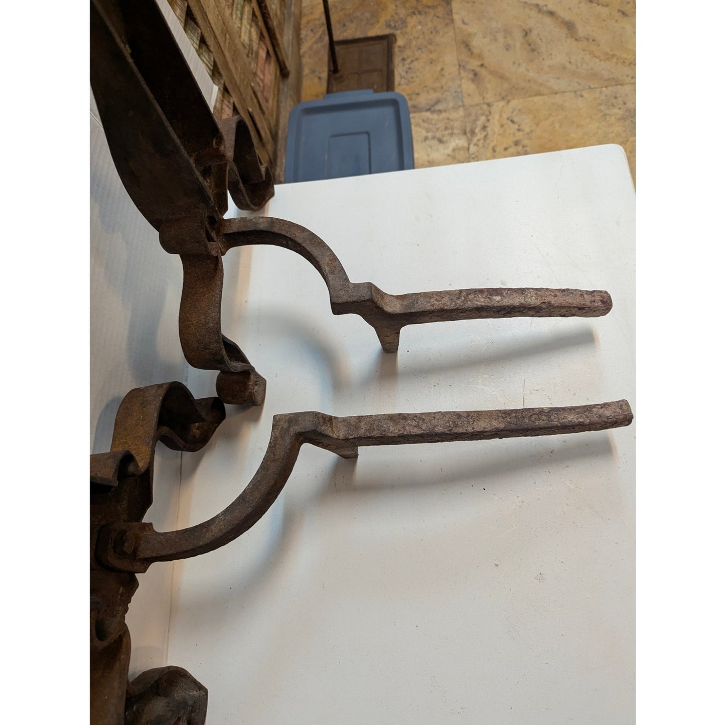 Antique Cast Iron Ring Top Andirons Firedogs Arts & Crafts / Mission Style Pair