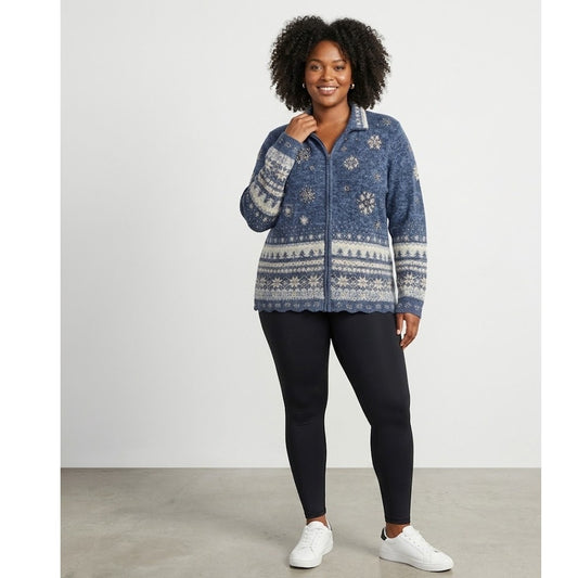 Liz & Me Blue Fair Isle Snowflake Beaded Zip-Front Cardigan Sweater 0X Plus