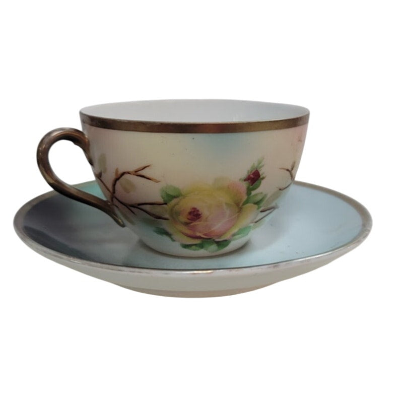 Three Crown China Germany Porcelain Teacup Saucer Floral Handpainted Dainty