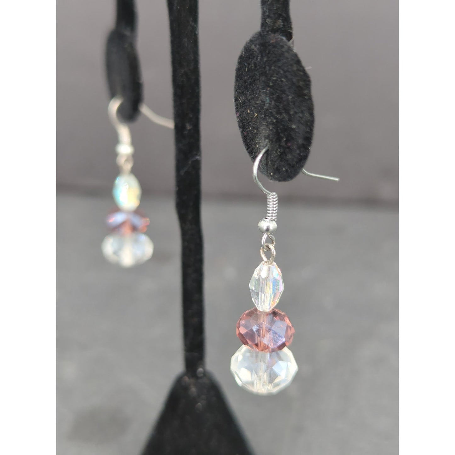 Vintage Iridescent Crystal Bead Drop Dangle Earrings Silver Tone Pierced