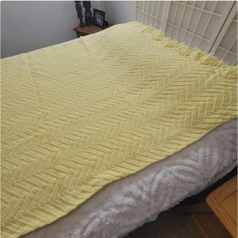 handmade Yellow afghan throw fringe chevron 50" x77" twin zigzag homestead retro