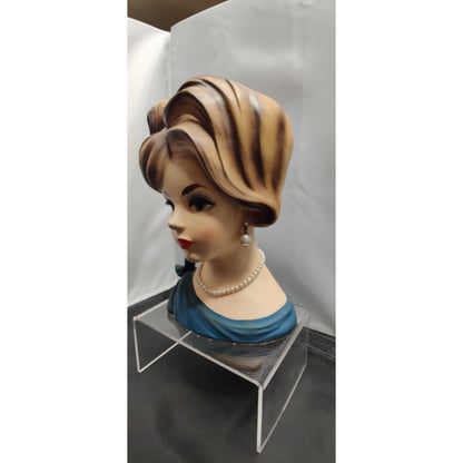 Vintage 1950s Blonde Lady Head Vase Planter Blue Dress Collectible MCM 7"