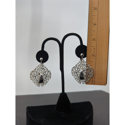Whimsigoth Silver Filigree Shield Drop Clip On Earrings Coquette Vintage