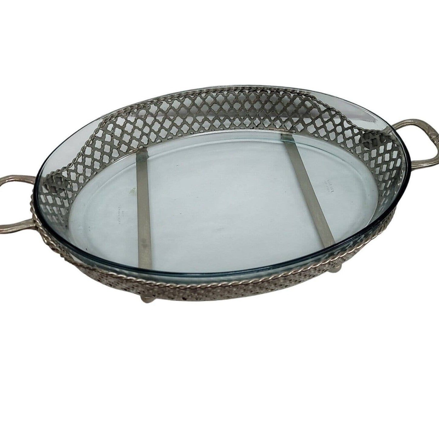 15" Large oval Vintage Silver Plate Serving Dish Stand W/ Marinex Glass 3" deep