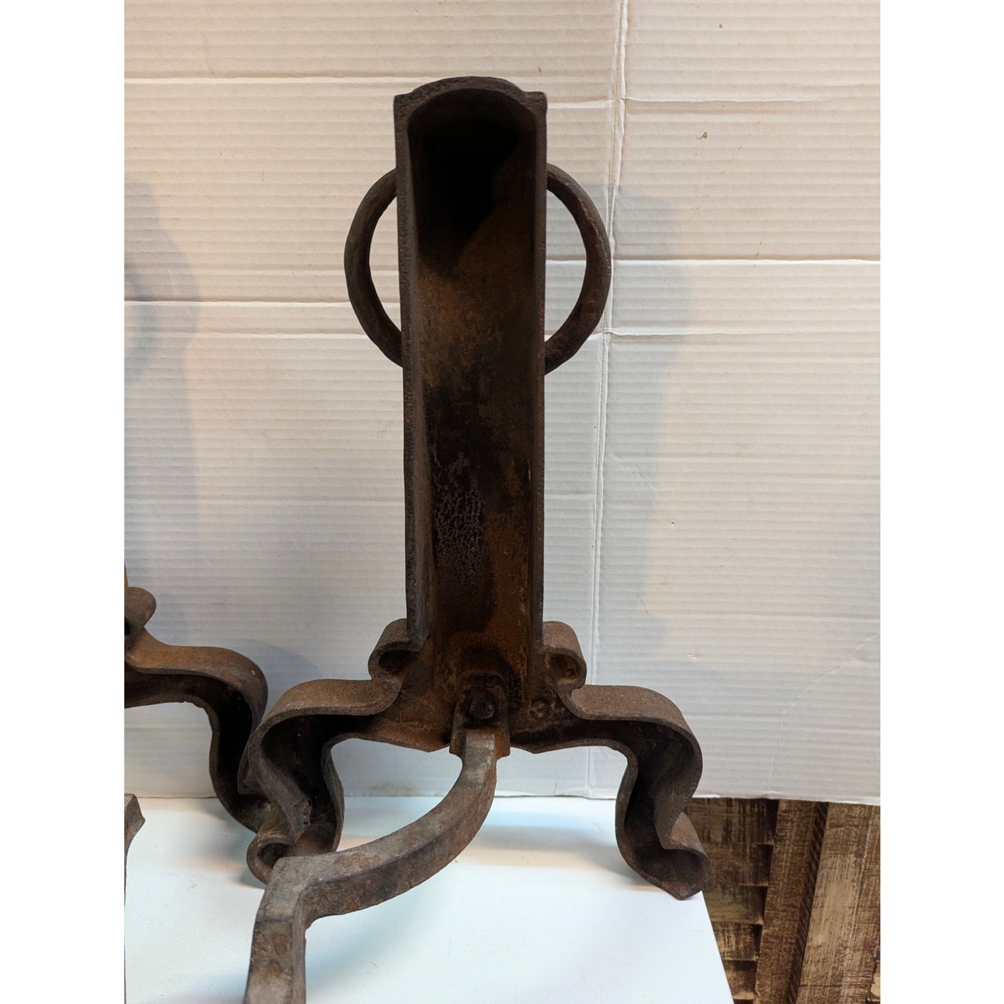 Antique Cast Iron Ring Top Andirons Firedogs Arts & Crafts / Mission Style Pair