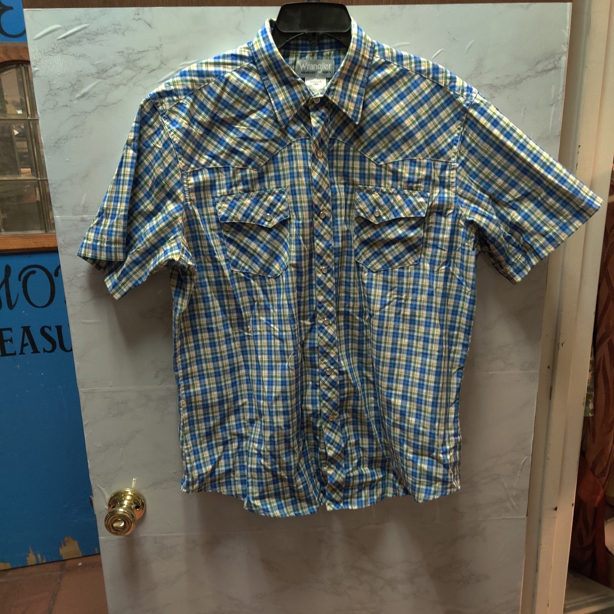 Wrangler Vintage Plaid Pearl Snap Short Sleeve Shirts Lot 2 Western Casual Large