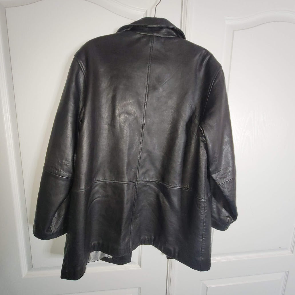 Vintage Gallery Black Leather Coat Jacket Large Lined Pockets SOFT button front