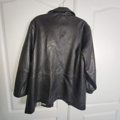 Vintage Gallery Black Leather Coat Jacket Large Lined Pockets SOFT button front