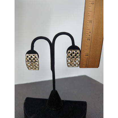 Vintage Sarah Coventry Geometric Gold Basketweave Clip On Earrings Whimsigoth