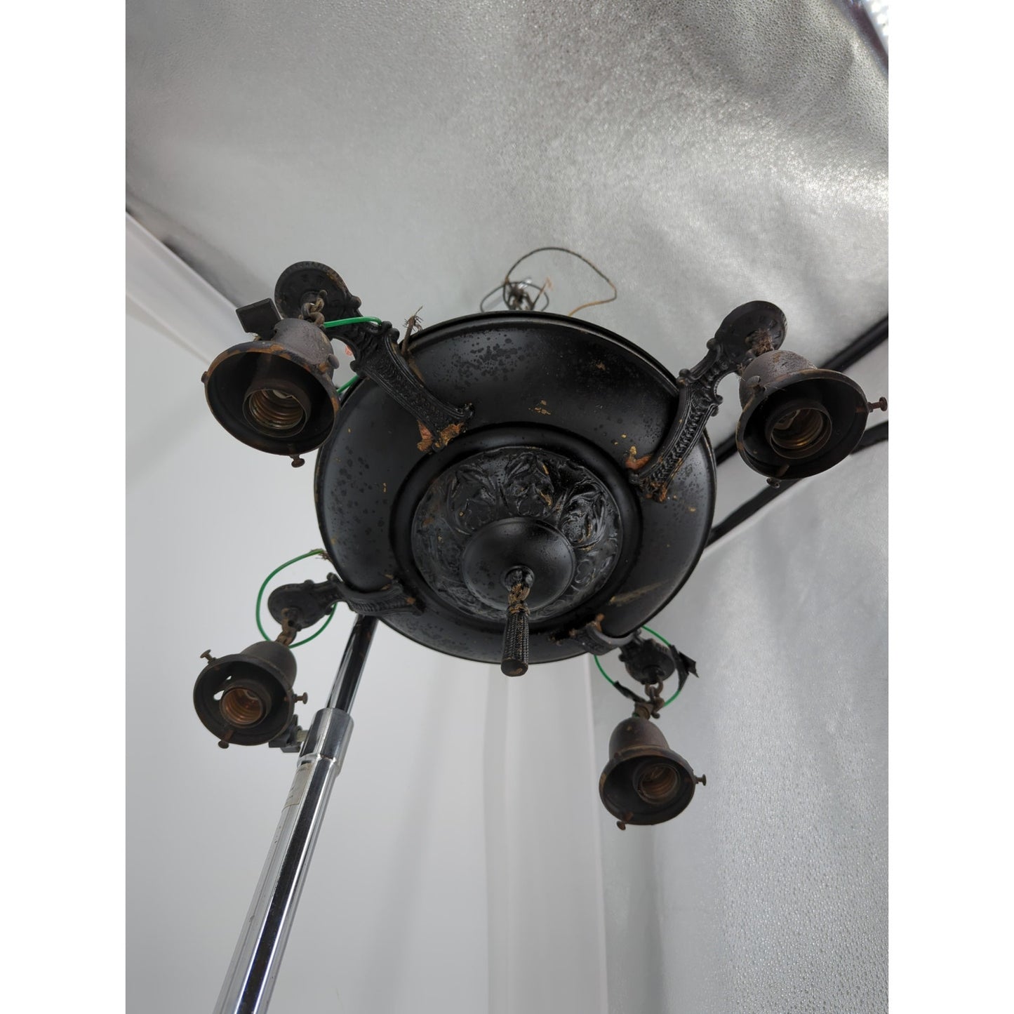 Vintage Art Deco Brass Pan Chandelier 4 Light Down Fixture Dark Patina Projec