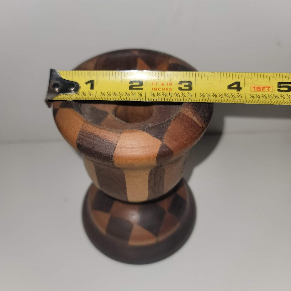 Vintage Taper Candlestick Holder Inlaid Turned Wood Marquetry Signed 1983 gift