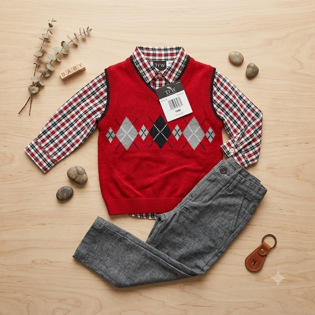 TFW Toddler Boys 3-Piece Argyle Sweater Vest, Plaid Shirt, & Pants Set NWT