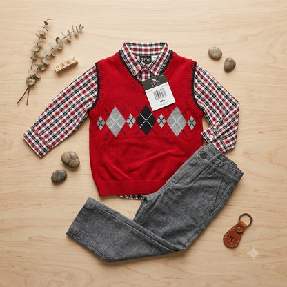 TFW Toddler Boys 3-Piece Argyle Sweater Vest, Plaid Shirt, & Pants Set NWT