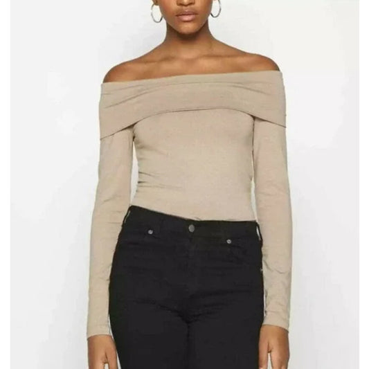 Vero Moda SMALL Long Sleeve Off Shoulder Top Silver Mink Sexy Cocktail BODYCON