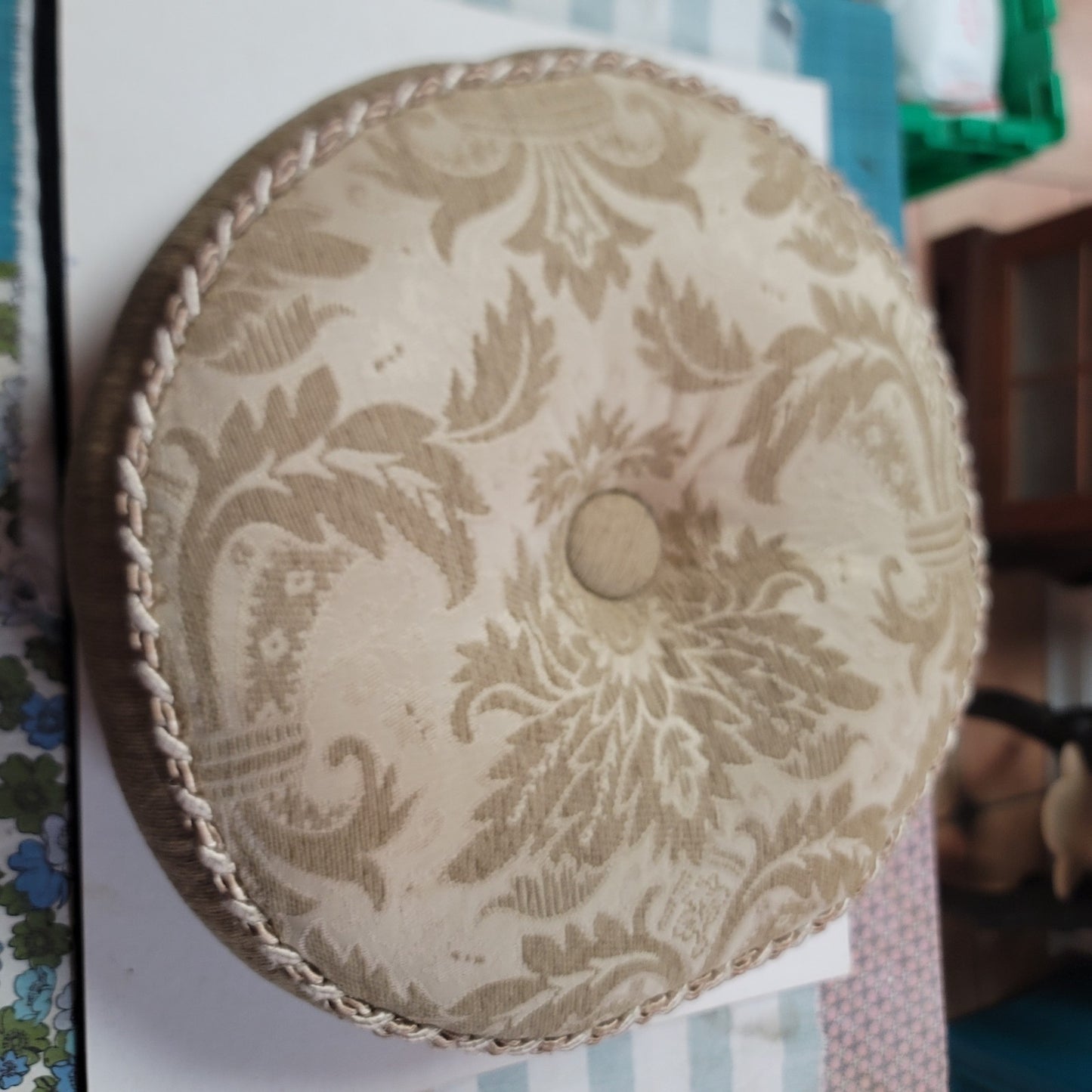 gold Beige floral striped Round tufted braided throw Pillow Decor boudoir style