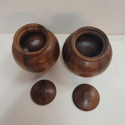 Pair of lidded condiment pots Wood Vintage MCM Mustard 1960s Round
