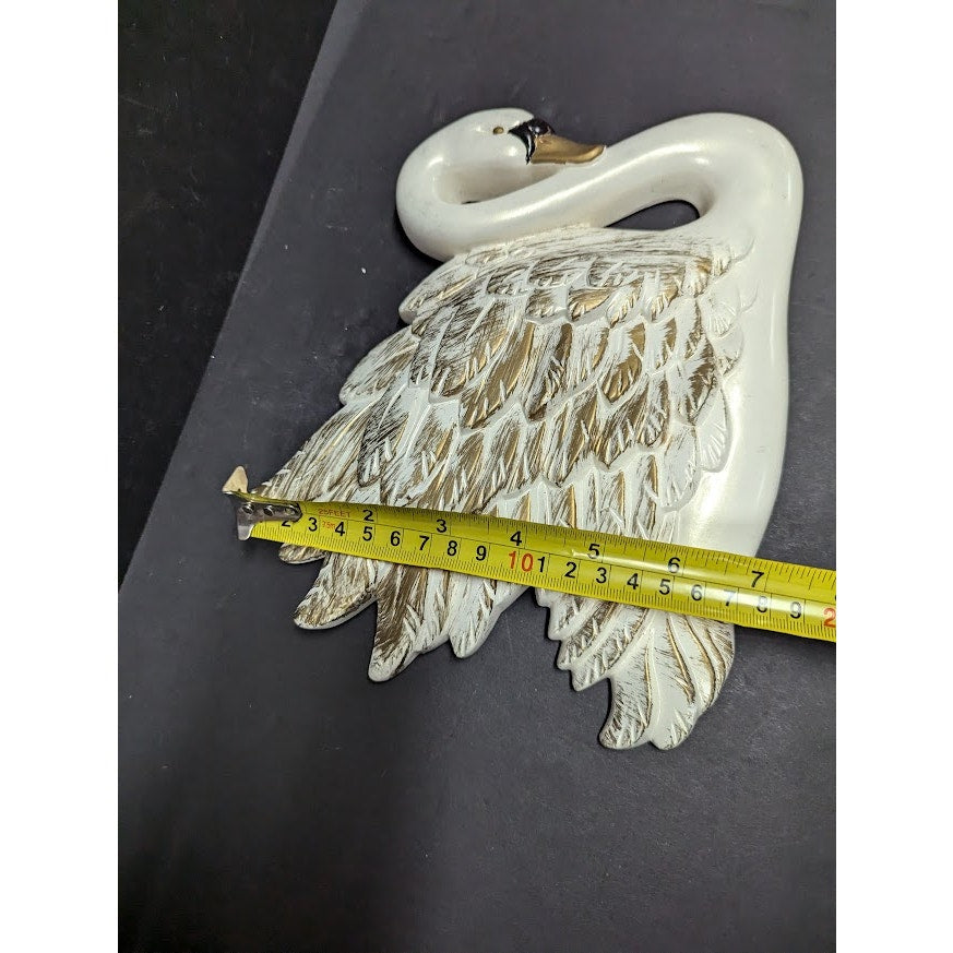 Vintage 1960s white gold SWAN chalkware wall hanging plaque decor bird