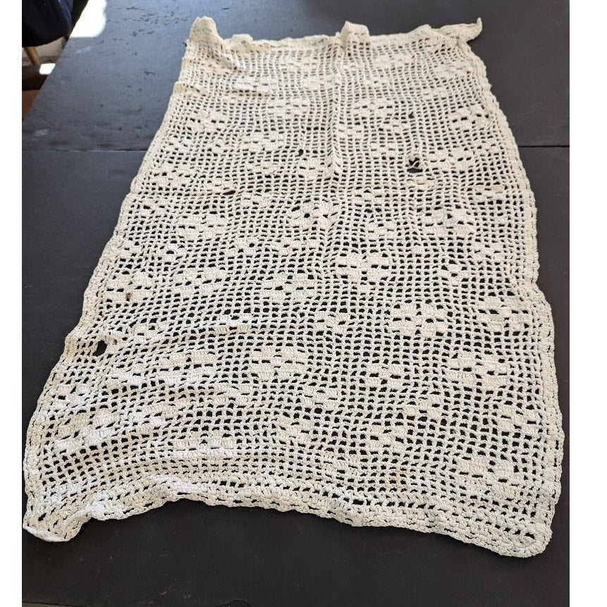 Vintage white rectangle Handmade crochet table runner NEEDS REPAIR and SAVING