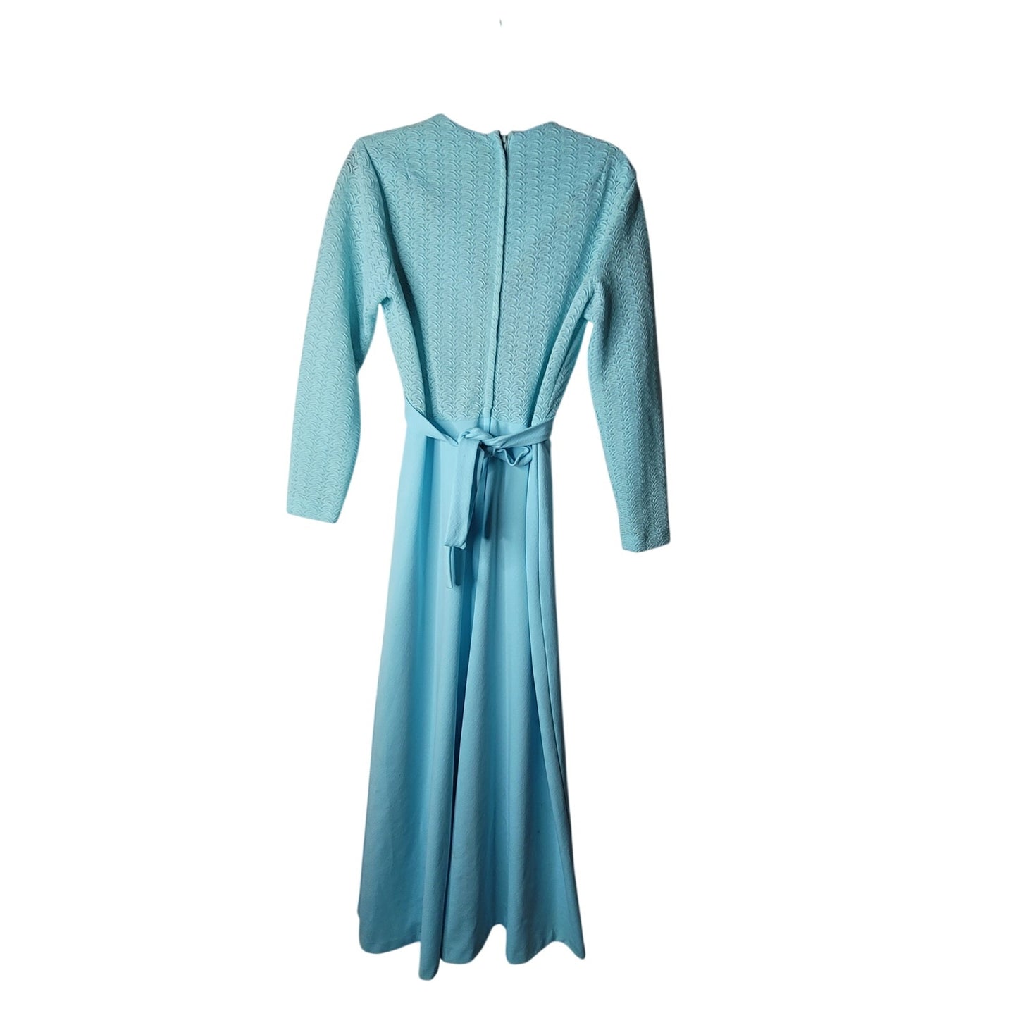 Vintage 70s Sears Blue Lace VNeck Maxi Dress Long Sleeve Mod Medium / Large Belt