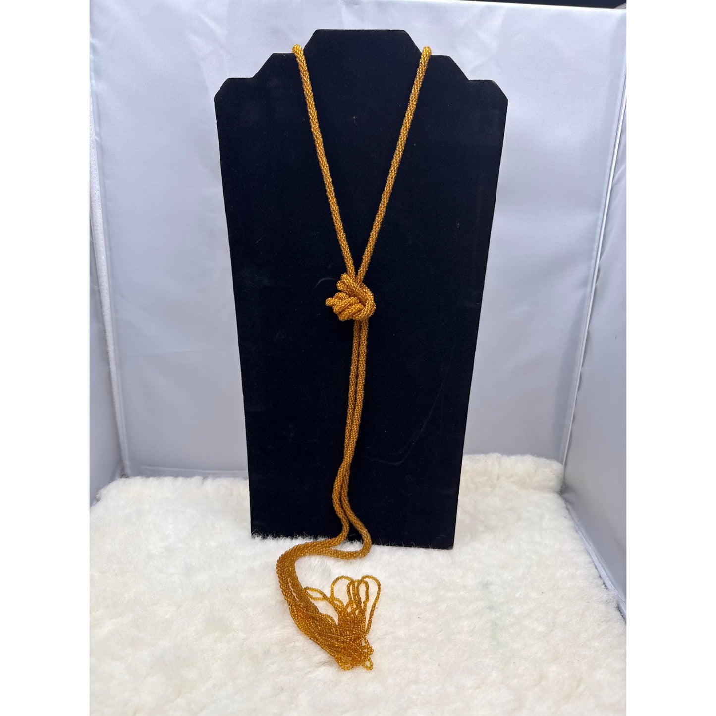 Vintage Amber Glass Seed Bead Lariat Necklace 72 Inch Tassel Rope