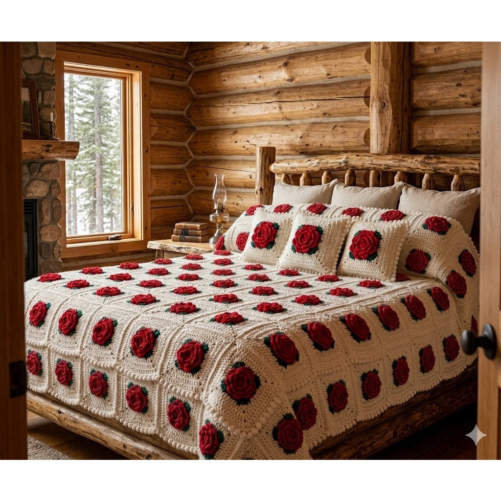 Handmde 96" x 116" King Rose 3D Blanket w/3 pillows white red green Afghan