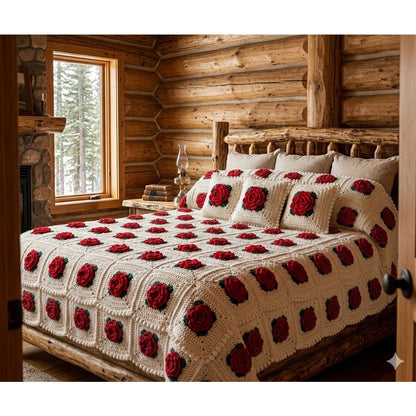 Handmde 96" x 116" King Rose 3D Blanket w/3 pillows white red green Afghan