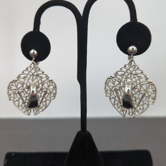 Whimsigoth Silver Filigree Shield Drop Clip On Earrings Coquette Vintage