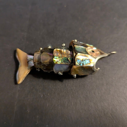 Vintage Articulated Abalone Shell Fish Pendant Brass Mexican Style Movable