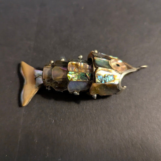 Vintage Articulated Abalone Shell Fish Pendant Brass Mexican Style Movable