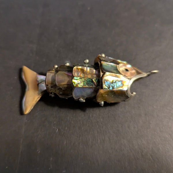 Vintage Articulated Abalone Shell Fish Pendant Brass Mexican Style Movable