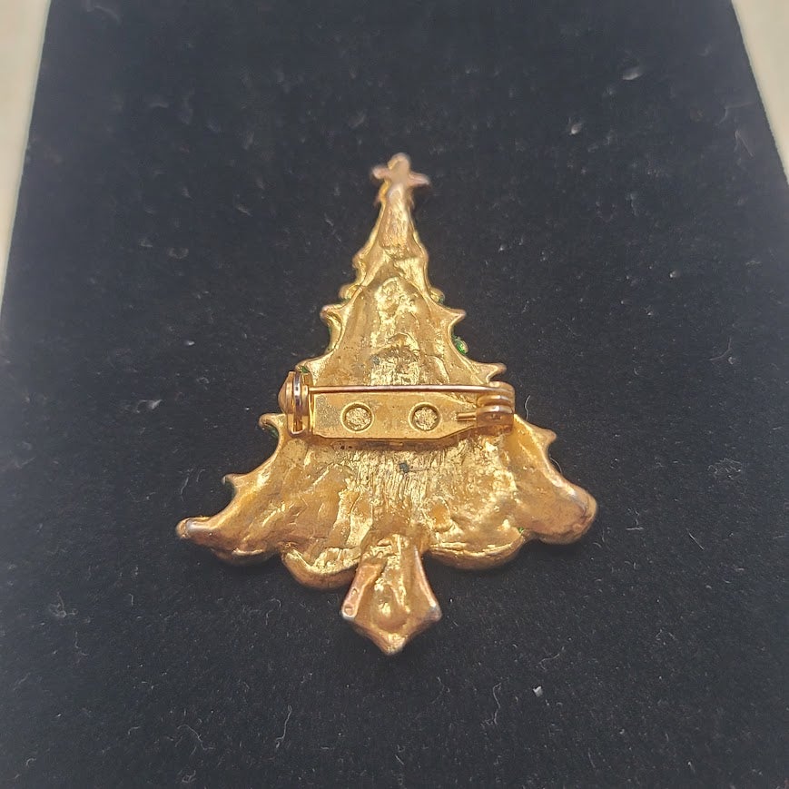 Vintage Art Deco Rhinestone Green Enamel Christmas Tree Brooch Pin Mid-Century