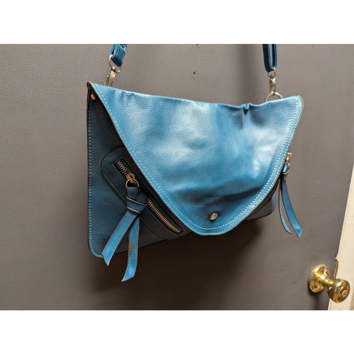 Vegan Faux Pebbled Leather BLUE TEAL bag Clutch shoulder Purse Front zip pockets