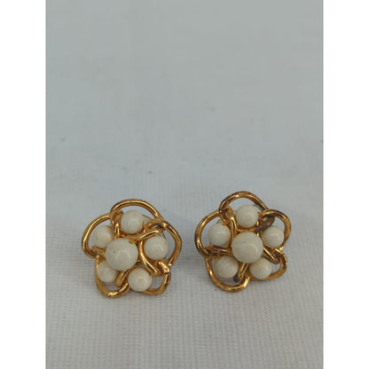 Vintage Gold Tone Faux Pearl Cluster Screw Back Earrings Retro Chic