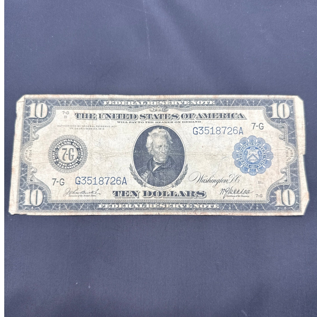 Vintage 1914 $10 Federal Reserve Note Blue Seal Large Bill Andrew Jackson