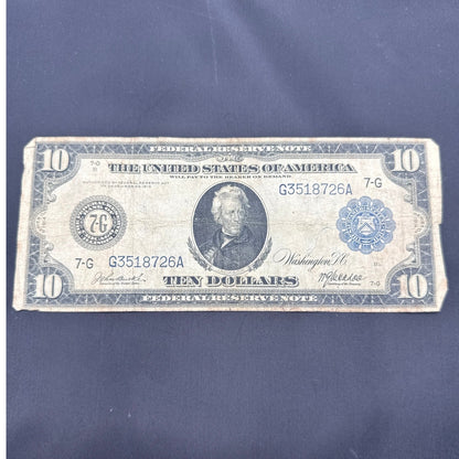 Vintage 1914 $10 Federal Reserve Note Blue Seal Large Bill Andrew Jackson