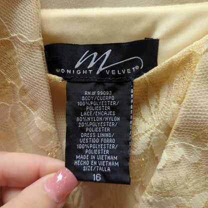 Vintage Size 16 Midnight Velvet 2 pc. Sleeveless Dress Sheer jacket Yellow Lace