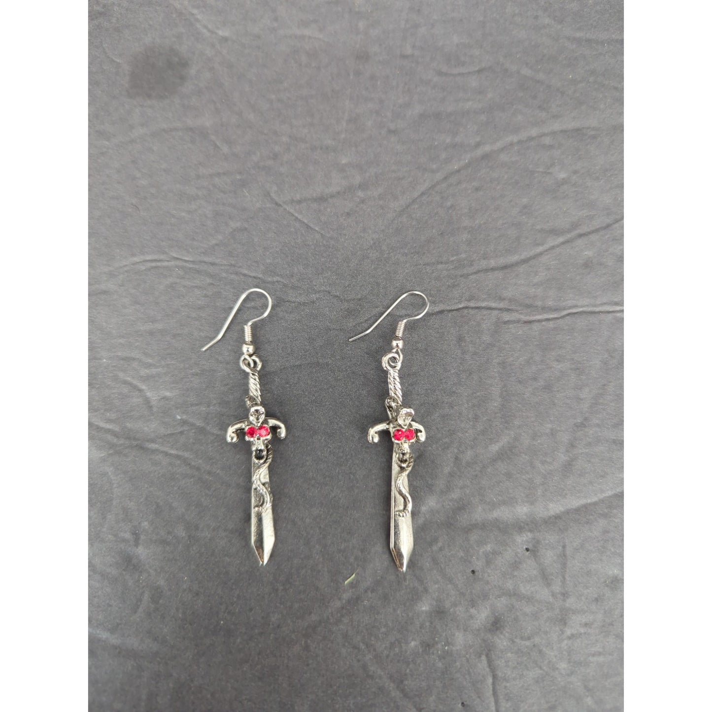 Vintage Sword Dangle Earrings Silver Tone Gemstone Gothic Pierced RenFaire Angel