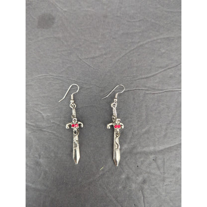 Vintage Sword Dangle Earrings Silver Tone Gemstone Gothic Pierced RenFaire Angel