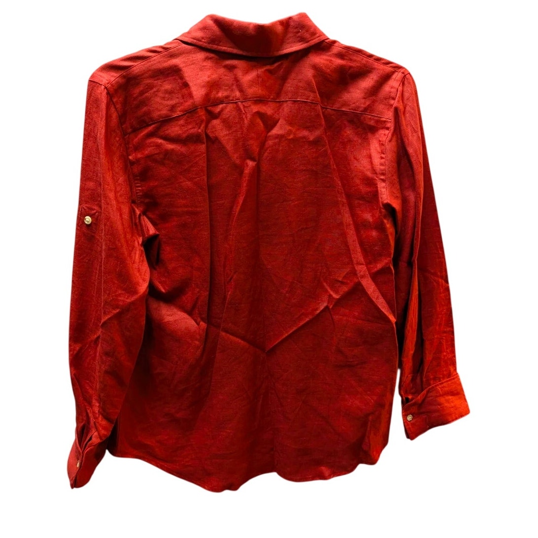 Lauren Ralph Lauren Petite Red Linen Roll Tab Sleeve Button Down Shirt Small PP