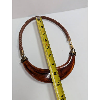 Vintage Statement Faux Tortoise Shell Crescent Choker Braided Leather Strap Y2K