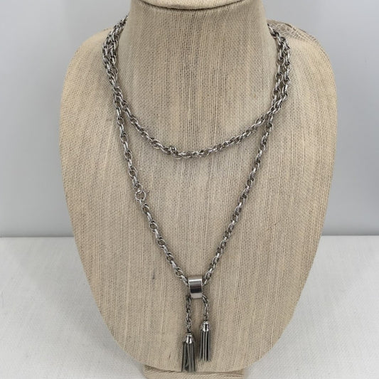 Vintage Sarah Coventry Fashion Necklace Braided Silvertone Double Tassel Pendant