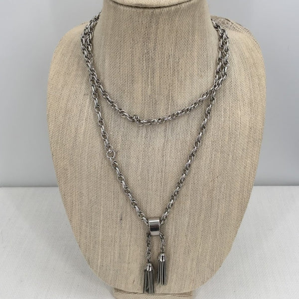Vintage Sarah Coventry Fashion Necklace Braided Silvertone Double Tassel Pendant