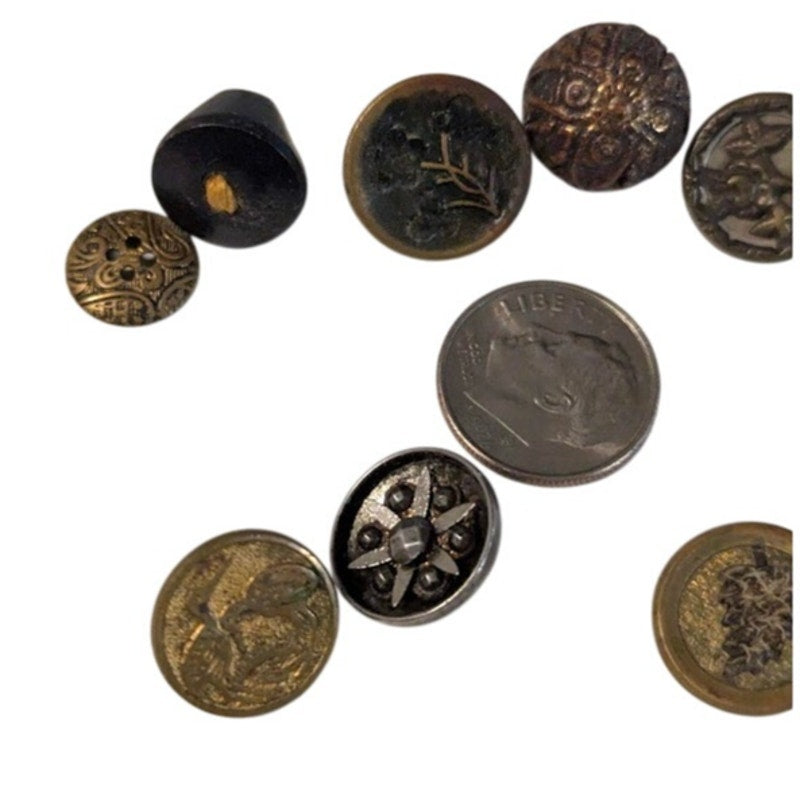 LOT A of 10 Antique Vintage Victorian Brass Mixed Materials Buttons ESTATE FIND
