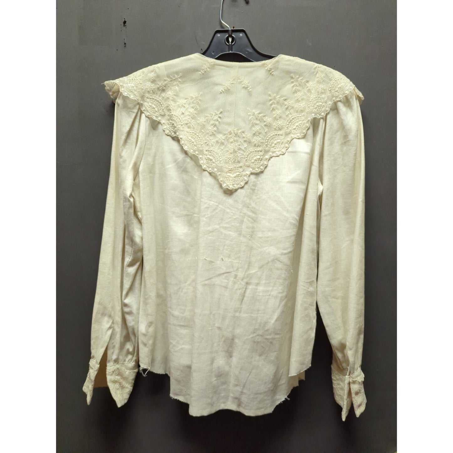 Le Chine Classic 10 Linen Lace Bib Victorian Blouse Cream Raw Hem boho Prairie