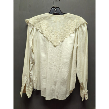 Le Chine Classic 10 Linen Lace Bib Victorian Blouse Cream Raw Hem boho Prairie