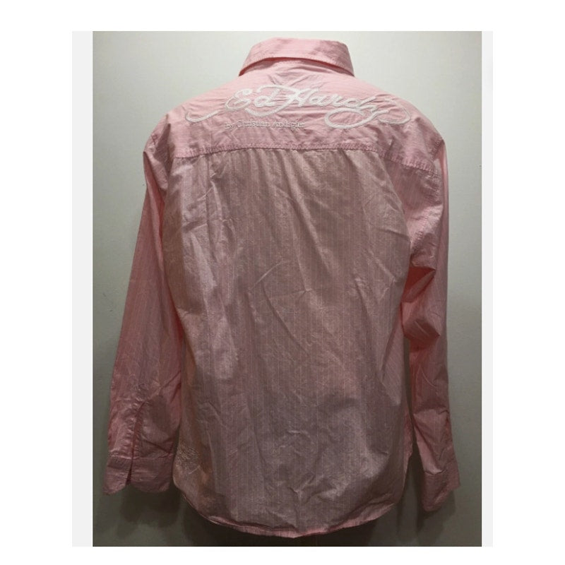 Y2K Pink White Striped Ed Hardy Top long sleeve Blouse Medium embroidered
