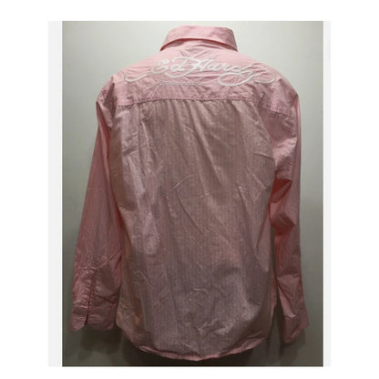 Y2K Pink White Striped Ed Hardy Top long sleeve Blouse Medium embroidered