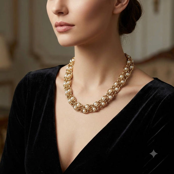 Vintage Gold Caged Faux Pearl Chunky Woven Chain Link Statement Collar Necklace