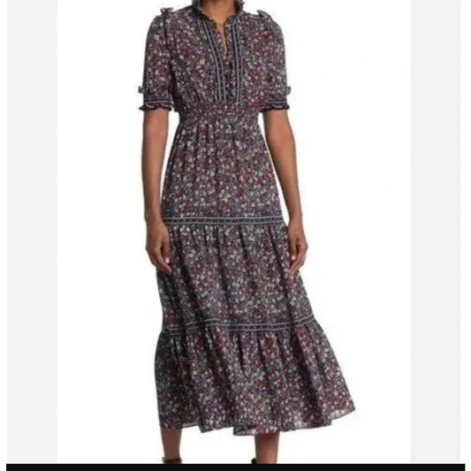 MAX STUDIO Floral Puff Sleeve Dress $148 MEDIUM Midi Flounce Bottom NEW PRAIRIE