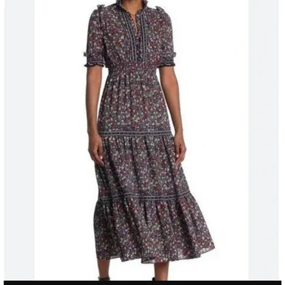 MAX STUDIO Floral Puff Sleeve Dress $148 MEDIUM Midi Flounce Bottom NEW PRAIRIE